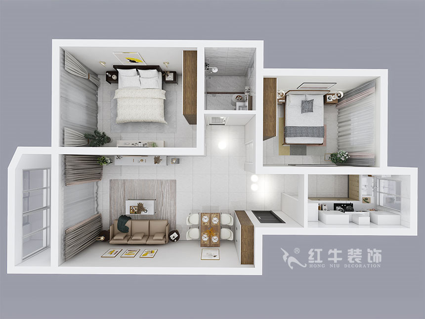 房亮_红山机电花园4-104-85㎡-现代简约风格_2室2厅1卫（老房装修）_成品家￥111499_全包11万00_04鸟瞰图